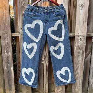 Y2K High Waist Heart Print Wide Leg Baggy Jeans Blue Grunge Streetwear XL